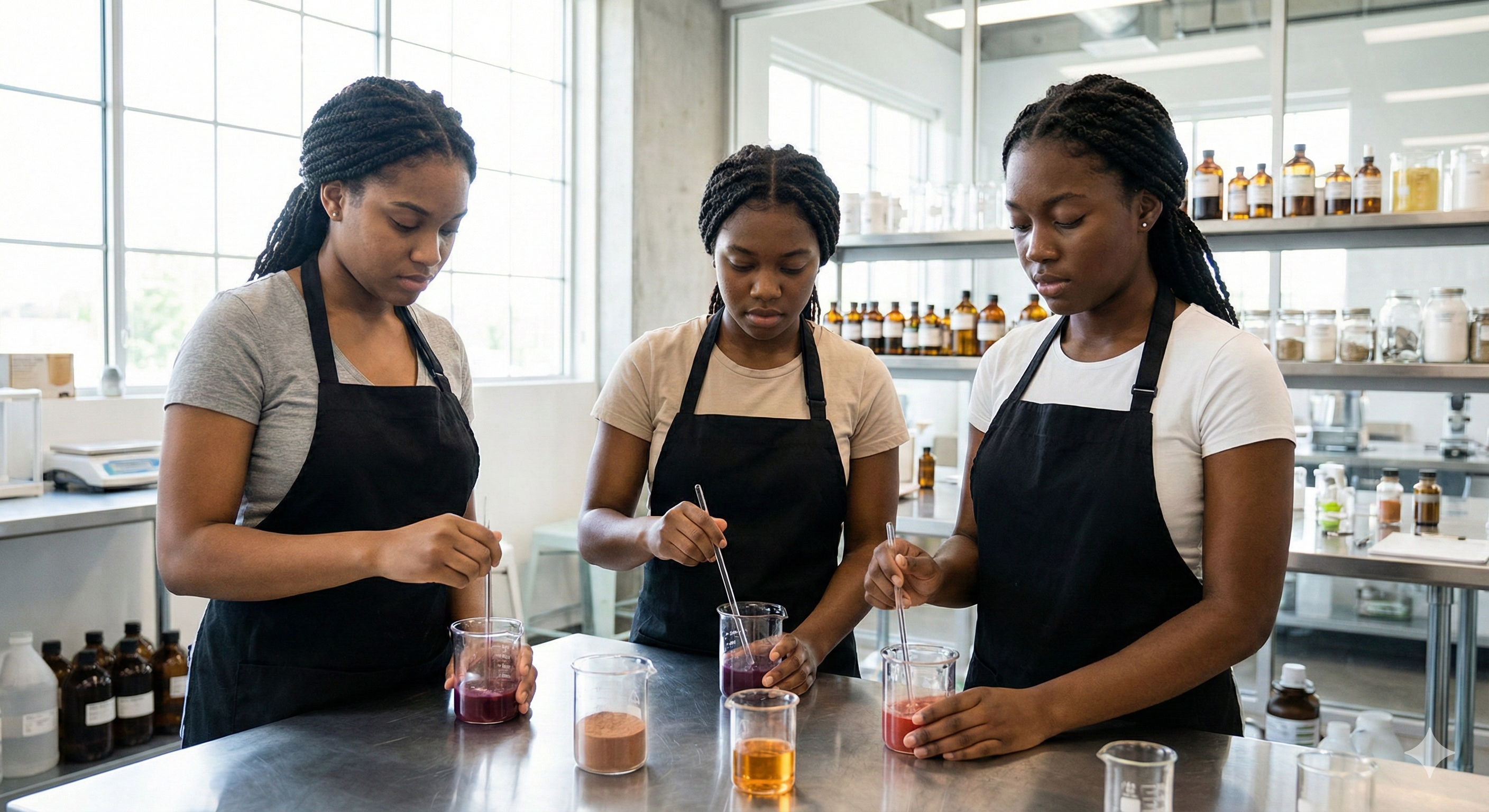 Students learning to mix lip gloss